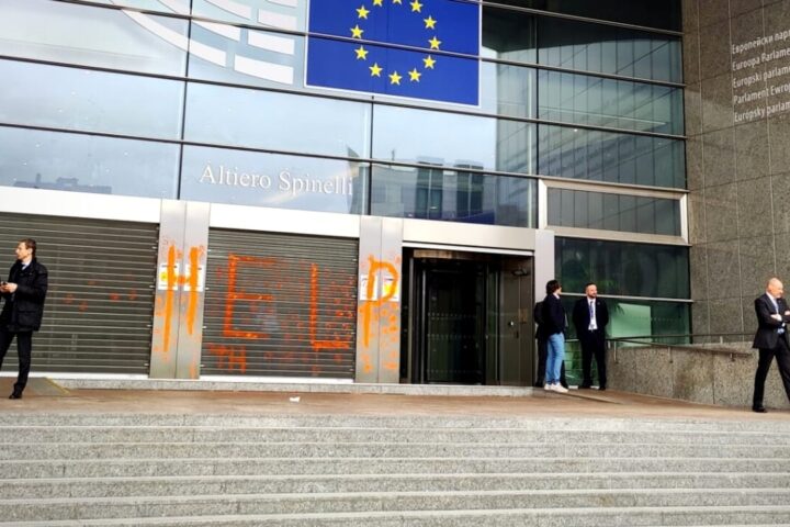 Ambientalisti imbrattano il Parlamento Ue: "Help, distruggono il nostro futuro"