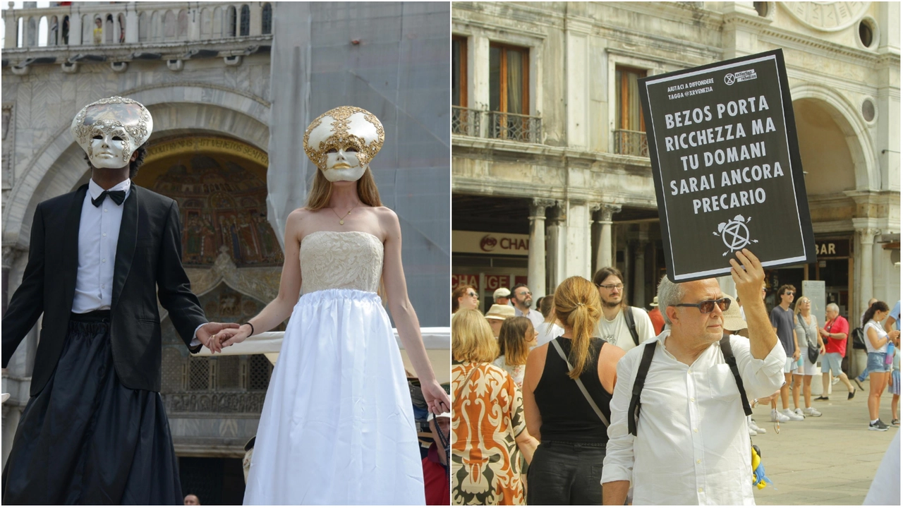 Proteste ‘no Bezos’ a Venezia: due finti sposi contro il matrimonio di lusso