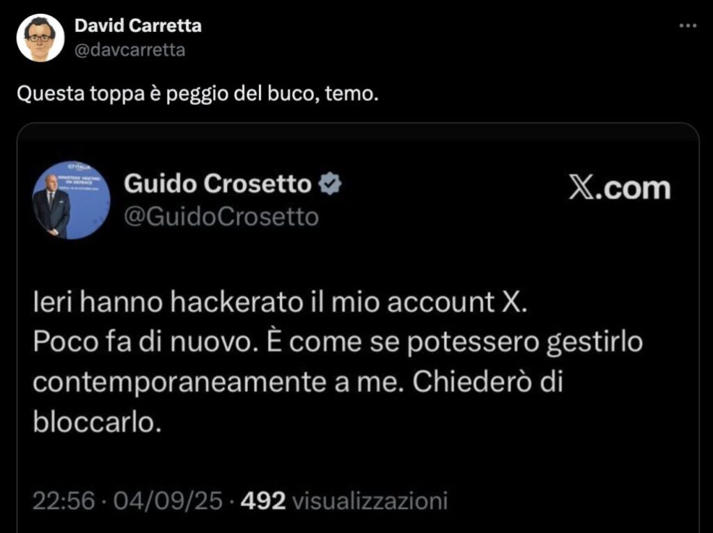 Hackeraggio dell'account social del ministro Crosetto: avviata indagine per accesso abusivo