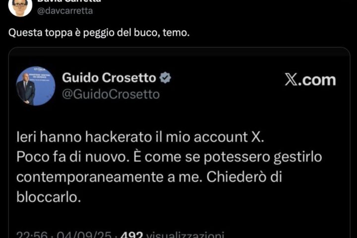 Hackeraggio dell'account social del ministro Crosetto: avviata indagine per accesso abusivo