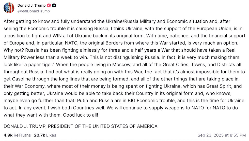 Trump: l'Ucraina può riconquistare tutti i territori perduti, sostiene a New York