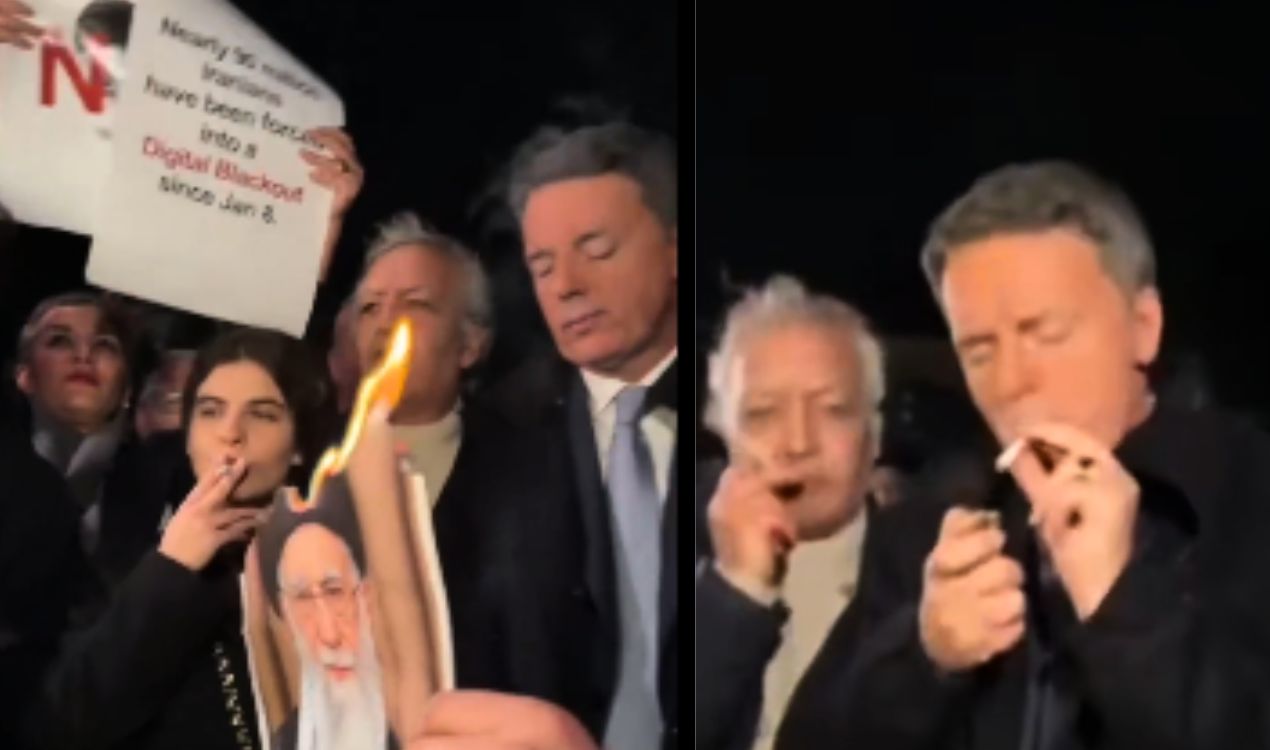 Matteo Renzi accende una sigaretta davanti all'ambasciata iraniana a Roma in segno di protesta