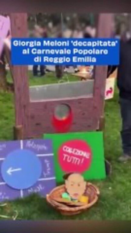 Polemica per il gioco della ghigliottina con la testa di Giorgia Meloni al Carnevale di Reggio Emilia