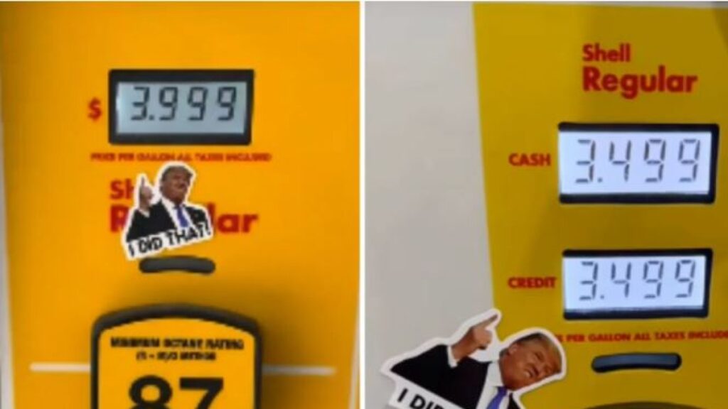 Tornano gli adesivi "L'ho fatto io" alle pompe di benzina con il volto di Trump