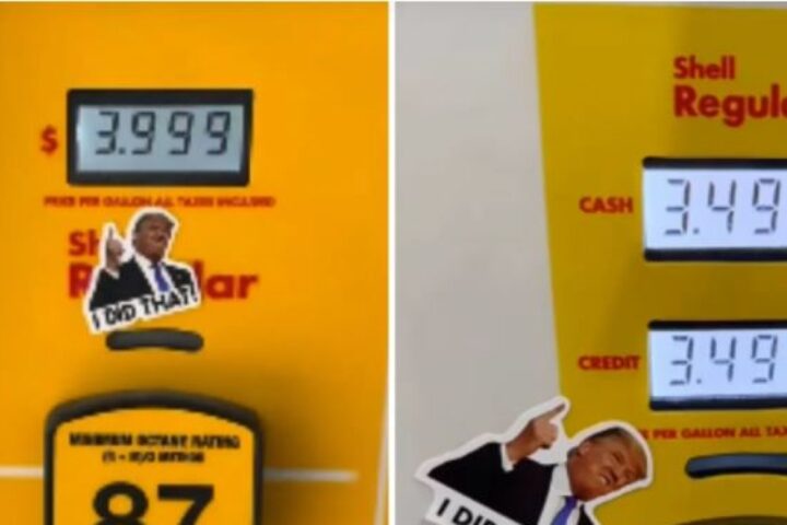 Tornano gli adesivi "L'ho fatto io" alle pompe di benzina con il volto di Trump