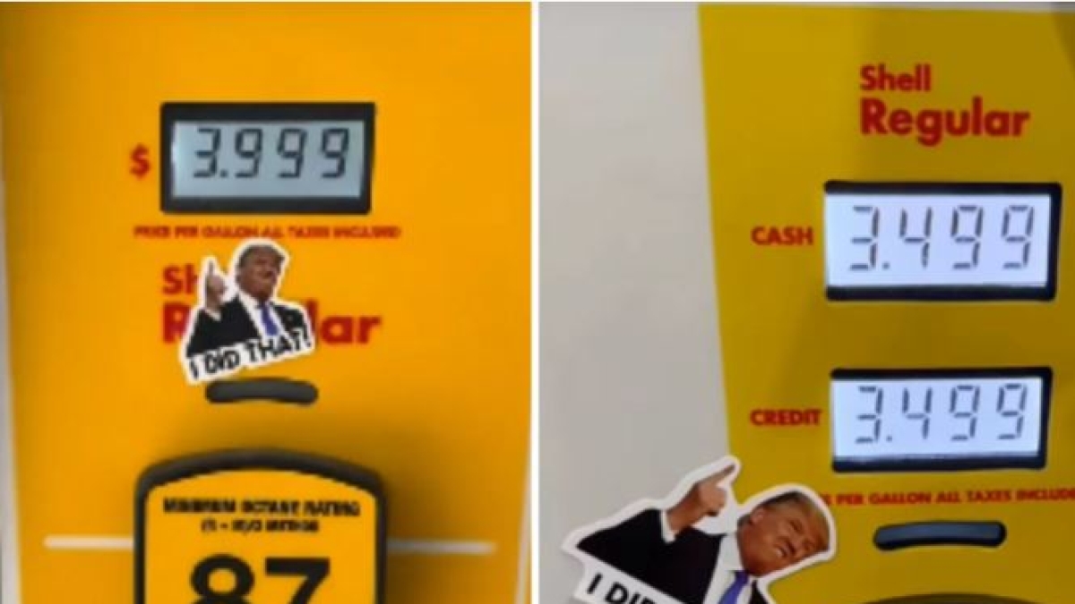 Tornano gli adesivi "L'ho fatto io" alle pompe di benzina con il volto di Trump