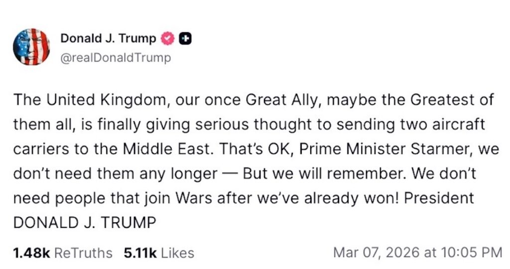 Trump critica Starmer: gli Stati Uniti non hanno bisogno di porteerei britanniche in Medio Oriente