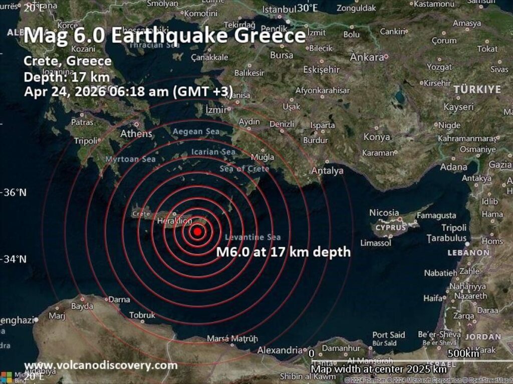 Terremoto di magnitudo 6.0 registrato al largo di Creta il 24 aprile 2026