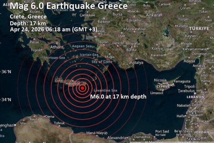 Terremoto di magnitudo 6.0 registrato al largo di Creta il 24 aprile 2026