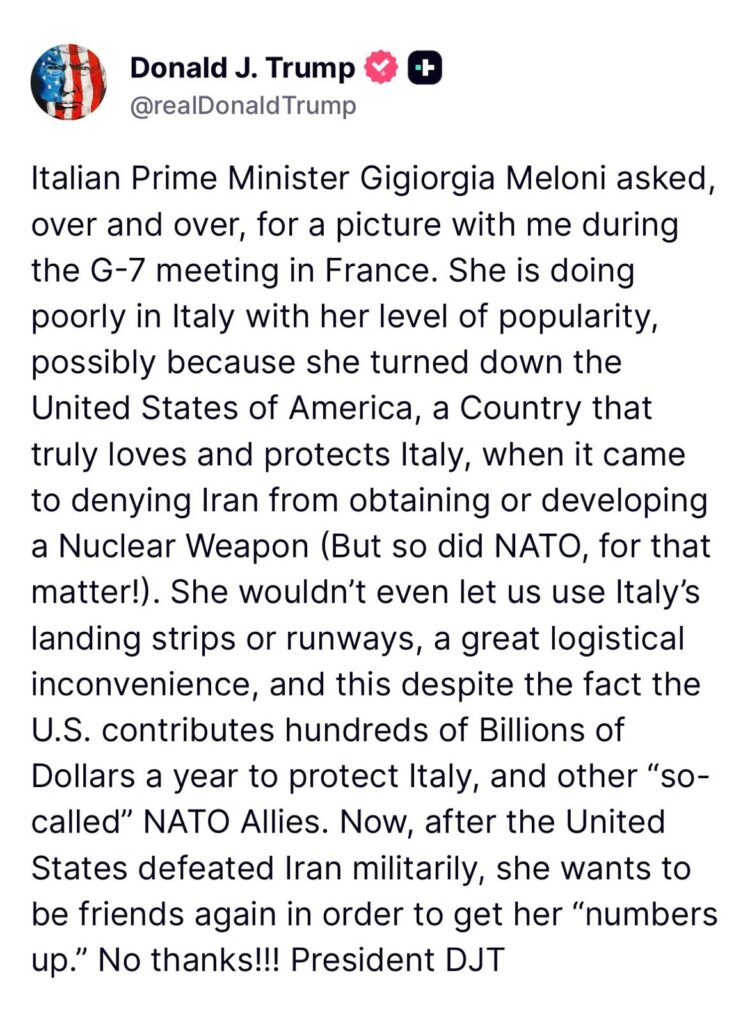 Meloni replica a Trump: «Attacchi senza senso, la mia popolarità non ti riguarda»
