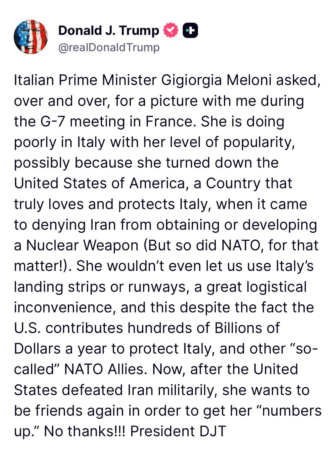 Meloni replica a Trump: «Attacchi senza senso, la mia popolarità non ti riguarda»