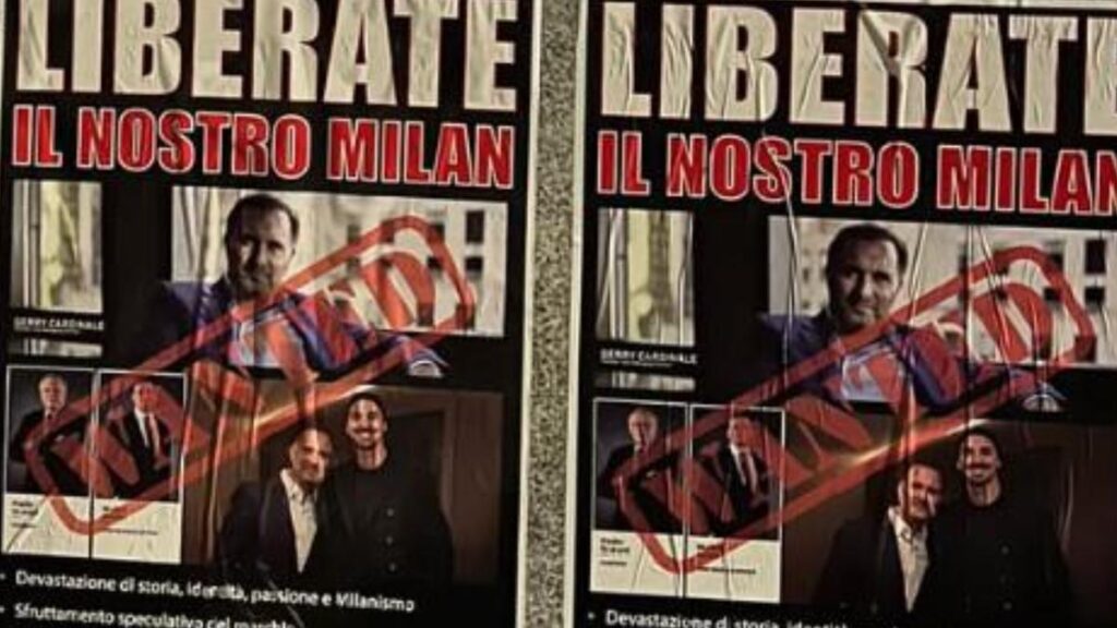Tifosi milanisti protestano con manifesti contro Cardinale e Ibrahimovic a Milano