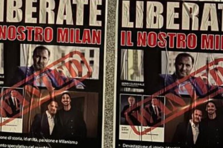Tifosi milanisti protestano con manifesti contro Cardinale e Ibrahimovic a Milano