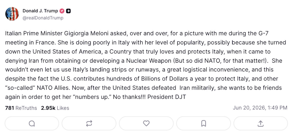 Trump continua a criticare Meloni dopo il G7