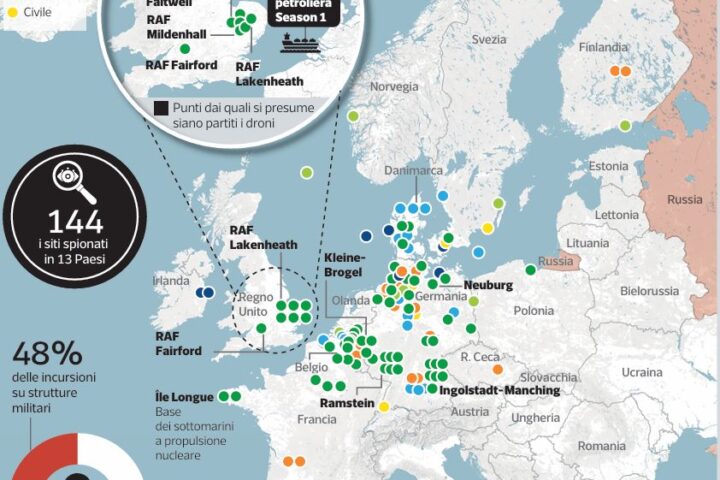 Droni russi sorvolano 13 Paesi europei: 144 incursioni su obiettivi strategici