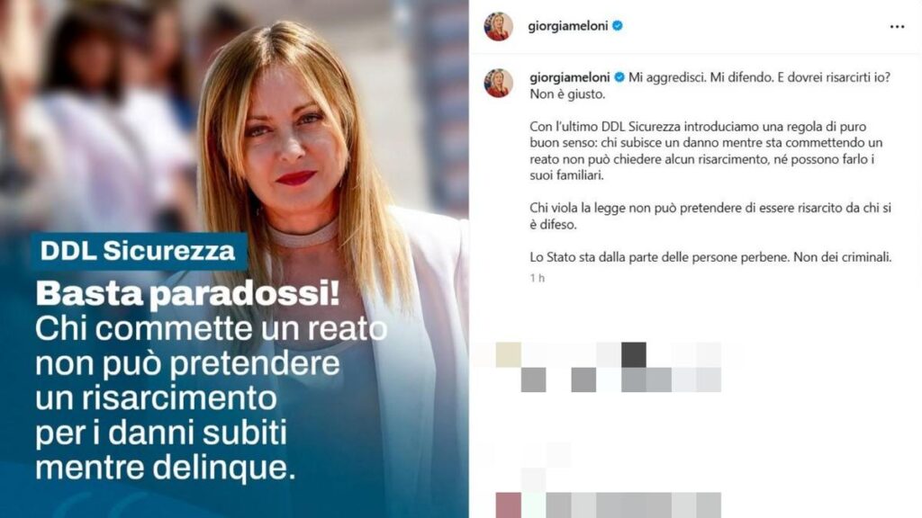 Meloni risponde a Roggero su Instagram: “Chi commette reati non può chiedere risarcimenti”