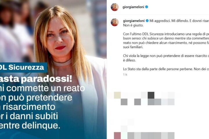 Meloni risponde a Roggero su Instagram: “Chi commette reati non può chiedere risarcimenti”
