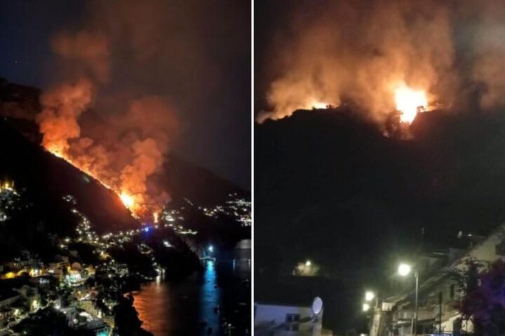 Incendio a Positano, frana sulla strada statale Amalfitana: intervento in corso dei vigili del fuoco