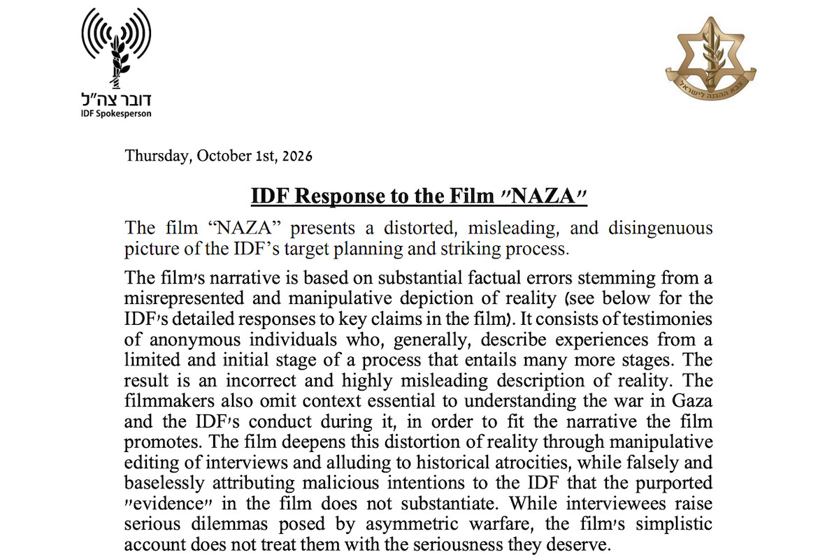 L'esercito israeliano critica il film NAZA e i suoi registi per notizie false
